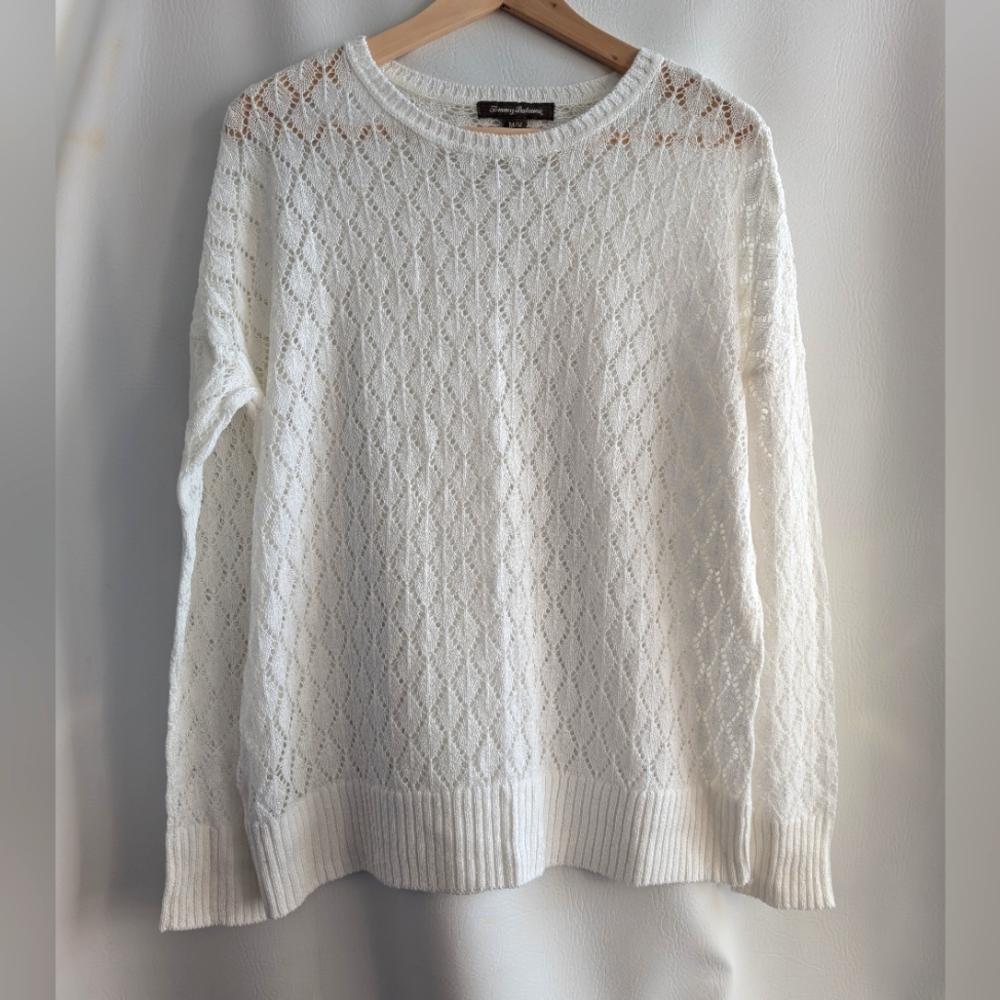 Tommy Bahama Linen Cotton White Lace Knit Pullover Sweater Long Sleeves - M
